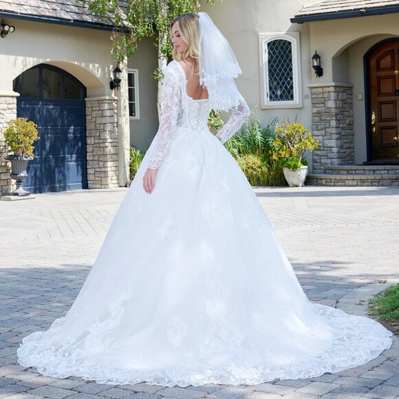 New Off White Mesh Wedding Bridal Gown w/ Short Veil & Long Sleeves GL3820 - Picture 10 of 13